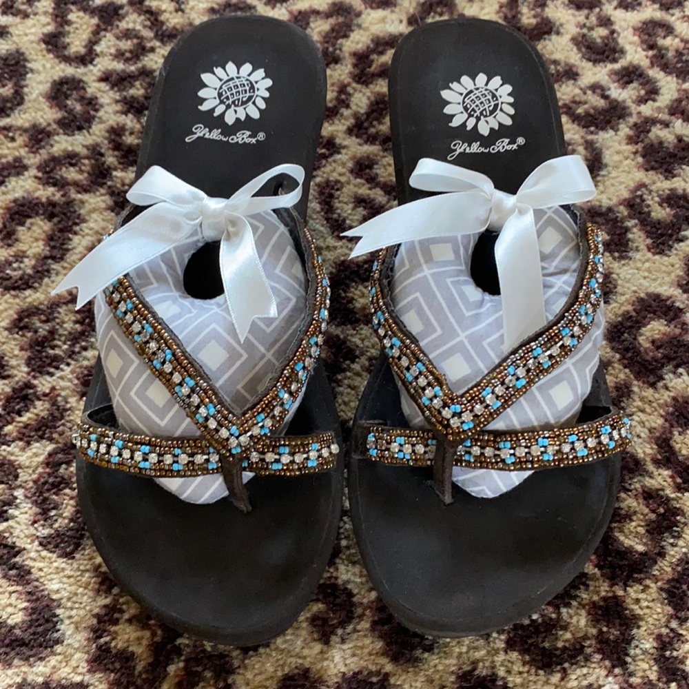 Yellow Box Brown Beaded Thong Sandals with Turquoise Accents